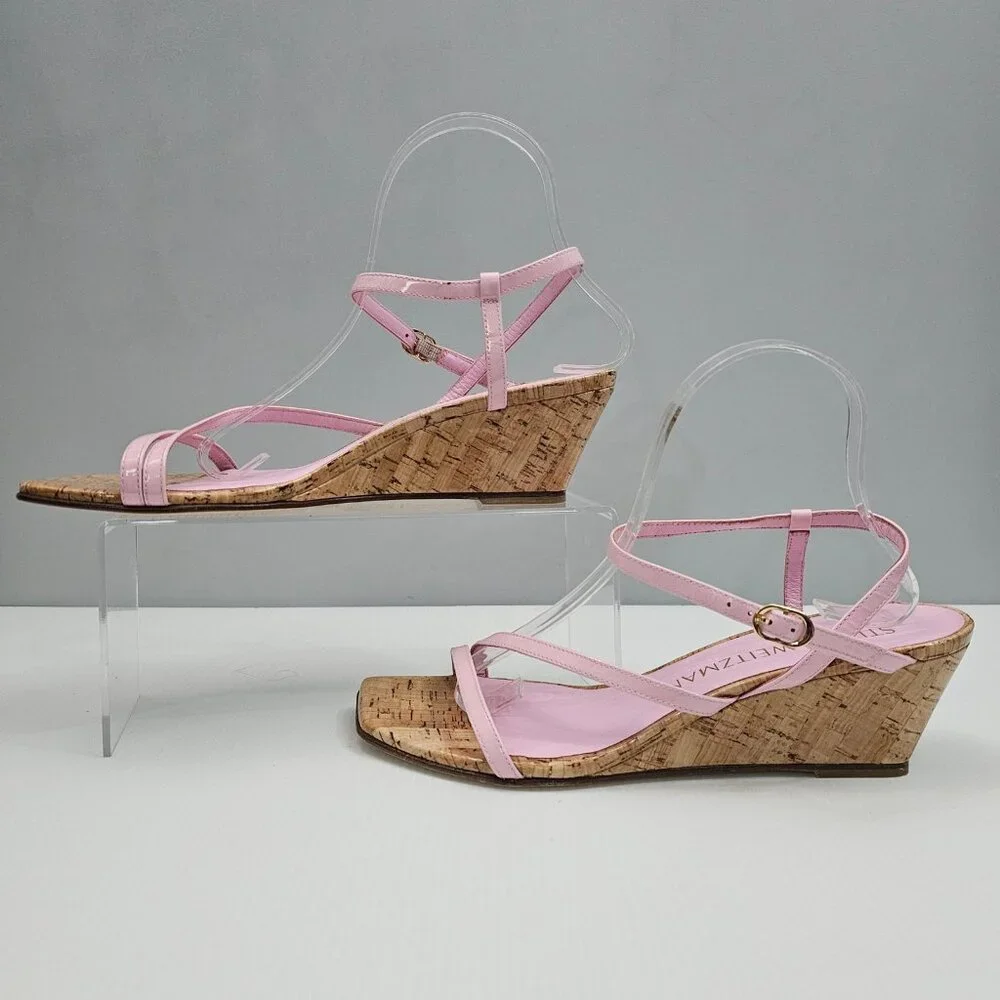 Stuart Weitzman Oasis 50 Cork Wedge Sandal Womens 10 Light Pink Strappy Designer